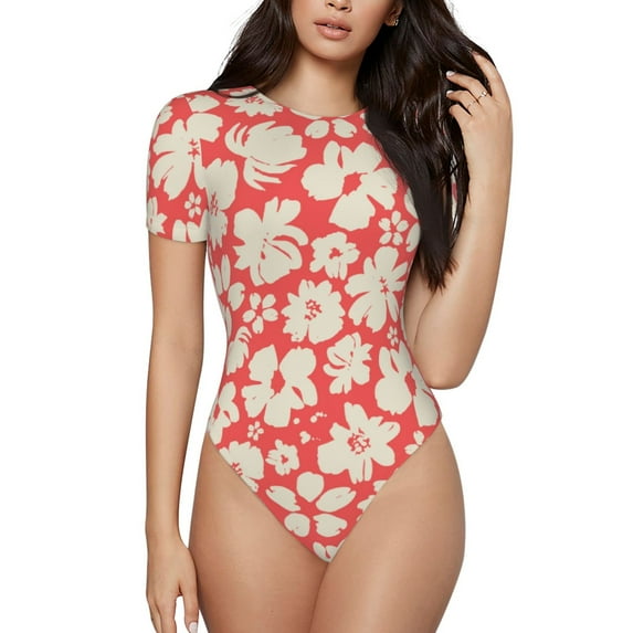 Balery Women'Sbeige Flowers Crew Neck Round Neck Short Sleeves Slim Fit Casual Basic Extender Bodysuit Daily Jumpsuit T Shirts-X-Large