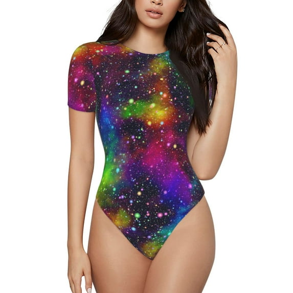 Balery Women'Sbright Universe Crew Neck Round Neck Short Sleeves Slim Fit Casual Basic Extender Bodysuit Daily Jumpsuit T Shirts-Xx-Large
