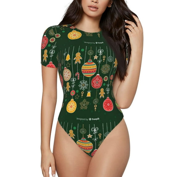 Balery Women'Schristmas Crew Neck Round Neck Short Sleeves Slim Fit Casual Basic Extender Bodysuit Daily Jumpsuit T Shirts-X-Large