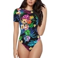thumbnail image 1 of Balery Women'Scolorful Flowers Crew Neck Round Neck Short Sleeves Slim Fit Casual Basic Extender Bodysuit Daily Jumpsuit T Shirts-Xx-Large, 1 of 9