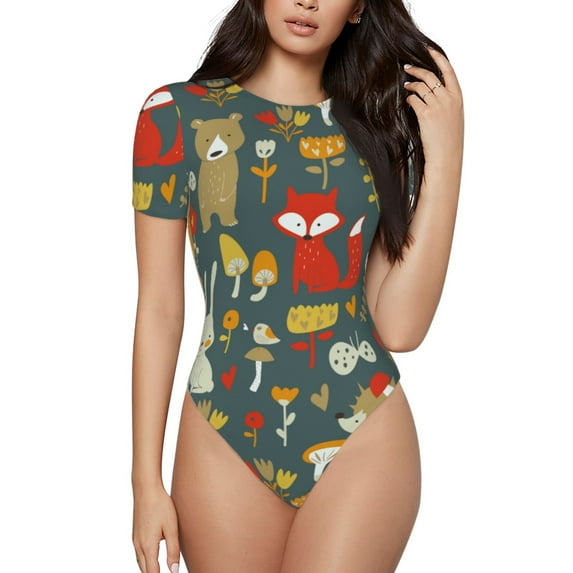Balery Women'Scute Animal Forest Crew Neck Round Neck Short Sleeves Slim Fit Casual Basic Extender Bodysuit Daily Jumpsuit T Shirts-Medium