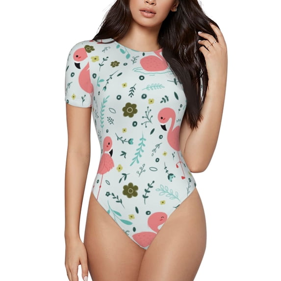 Balery Women'Scute Flamingo Crew Neck Round Neck Short Sleeves Slim Fit Casual Basic Extender Bodysuit Daily Jumpsuit T Shirts-Small