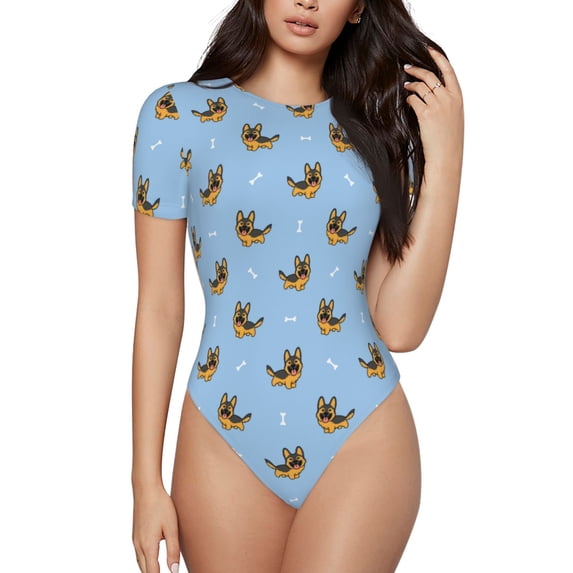 Balery Women'Scute Puppy Crew Neck Round Neck Short Sleeves Slim Fit Casual Basic Extender Bodysuit Daily Jumpsuit T Shirts-Xx-Large