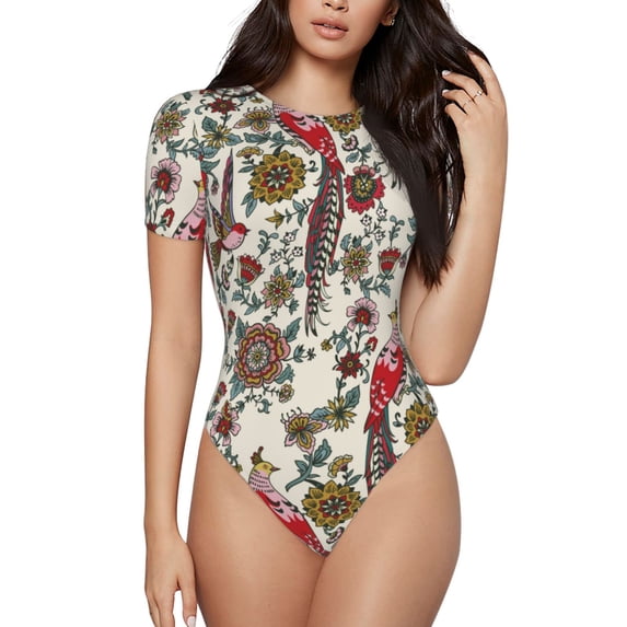 Balery Women'Sdark Enchanted Flowers And Birds Crew Neck Round Neck Short Sleeves Slim Fit Casual Basic Extender Bodysuit Daily Jumpsuit T Shirts-Small