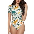 thumbnail image 1 of Balery Women'Sdinosaurs And Tropical Leaves Crew Neck Round Neck Short Sleeves Slim Fit Casual Basic Extender Bodysuit Daily Jumpsuit T Shirts-Medium, 1 of 9