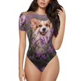 thumbnail image 1 of Balery Women'Sdog In Lavender Flowers Crew Neck Round Neck Short Sleeves Slim Fit Casual Basic Extender Bodysuit Daily Jumpsuit T Shirts-Xx-Large, 1 of 9