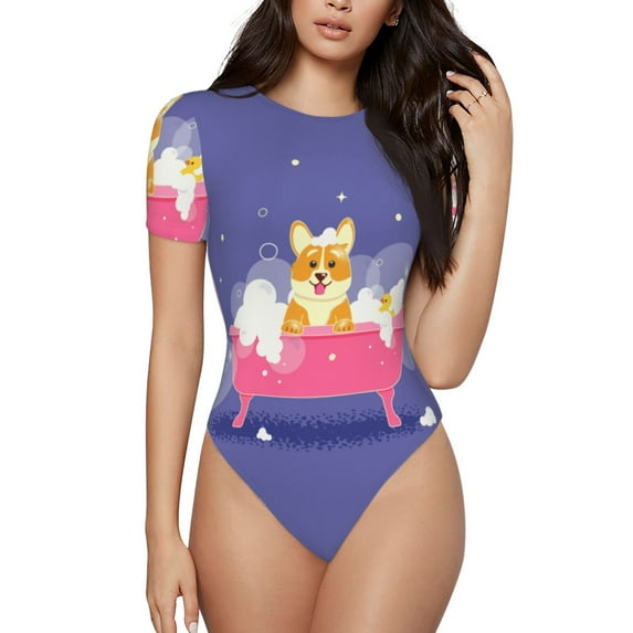 Balery Women'Sdog Washes In A Pink Bath Crew Neck Round Neck Short Sleeves Slim Fit Casual Basic Extender Bodysuit Daily Jumpsuit T Shirts-Xx-Large