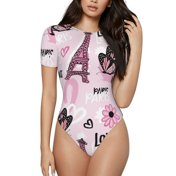 Balery Women'Seiffel Tower And Butterflies Crew Neck Round Neck Short Sleeves Slim Fit Casual Basic Extender Bodysuit Daily Jumpsuit T Shirts-Large