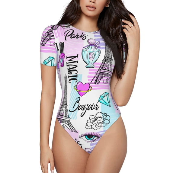 Balery Women'Seiffel Tower And Hearts Crew Neck Round Neck Short Sleeves Slim Fit Casual Basic Extender Bodysuit Daily Jumpsuit T Shirts-X-Large
