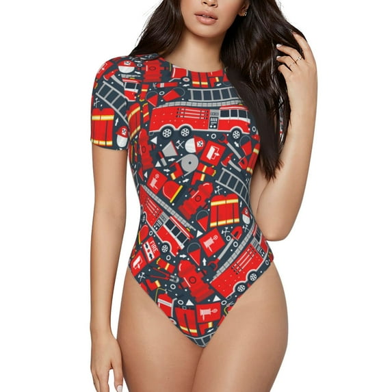 Balery Women'Sfire Sign Crew Neck Round Neck Short Sleeves Slim Fit Casual Basic Extender Bodysuit Daily Jumpsuit T Shirts-Large