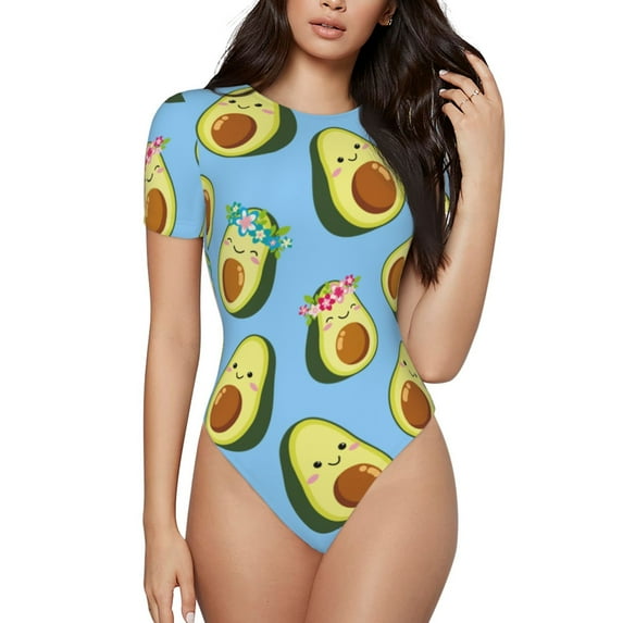 Balery Women'Sflowers Avocado Crew Neck Round Neck Short Sleeves Slim Fit Casual Basic Extender Bodysuit Daily Jumpsuit T Shirts-Large