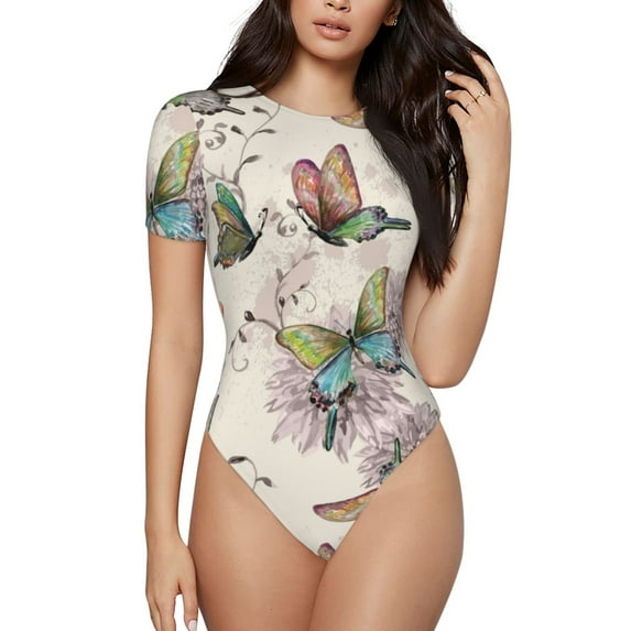 Balery Women'Sflying Butterflies-1 Crew Neck Round Neck Short Sleeves Slim Fit Casual Basic Extender Bodysuit Daily Jumpsuit T Shirts-Medium