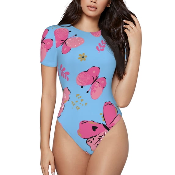 Balery Women'Sgirl Butterfly Crew Neck Round Neck Short Sleeves Slim Fit Casual Basic Extender Bodysuit Daily Jumpsuit T Shirts-Xx-Large