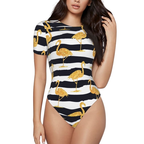 Balery Women'Sgold Flamingo Crew Neck Round Neck Short Sleeves Slim Fit Casual Basic Extender Bodysuit Daily Jumpsuit T Shirts-Small