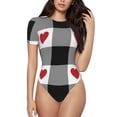thumbnail image 1 of Balery Women'Sheart Black Buffalo Plaid Gingham Crew Neck Round Neck Short Sleeves Slim Fit Casual Basic Extender Bodysuit Daily Jumpsuit T Shirts-Xx-Large, 1 of 9