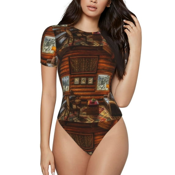 Balery Women'Slog Cabin Inside Crew Neck Round Neck Short Sleeves Slim Fit Casual Basic Extender Bodysuit Daily Jumpsuit T Shirts-Medium