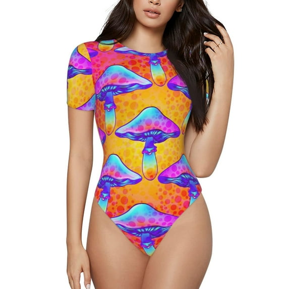 Balery Women'Smagic Mushrooms Crew Neck Round Neck Short Sleeves Slim Fit Casual Basic Extender Bodysuit Daily Jumpsuit T Shirts-Xx-Large