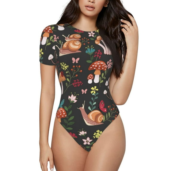 Balery Women'Smushroom With Snails Crew Neck Round Neck Short Sleeves Slim Fit Casual Basic Extender Bodysuit Daily Jumpsuit T Shirts-Xx-Large