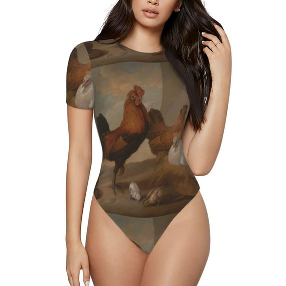 Balery Women'Soil Painting Chicken And Duck Crew Neck Round Neck Short Sleeves Slim Fit Casual Basic Extender Bodysuit Daily Jumpsuit T Shirts-Xx-Large