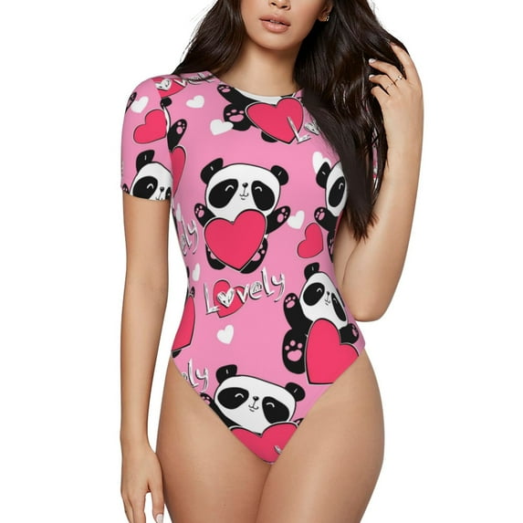 Balery Women'Spanda Heart Valentine Pink Crew Neck Round Neck Short Sleeves Slim Fit Casual Basic Extender Bodysuit Daily Jumpsuit T Shirts-Small