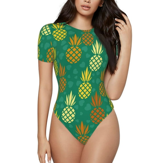 Balery Women'Spineapples1 Crew Neck Round Neck Short Sleeves Slim Fit Casual Basic Extender Bodysuit Daily Jumpsuit T Shirts-Small