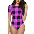 thumbnail image 1 of Balery Women'Spurple Black Buffalo Plaid Crew Neck Round Neck Short Sleeves Slim Fit Casual Basic Extender Bodysuit Daily Jumpsuit T Shirts-Medium, 1 of 9
