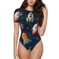 thumbnail image 1 of Balery Women'Sspaceships And Stars Crew Neck Round Neck Short Sleeves Slim Fit Casual Basic Extender Bodysuit Daily Jumpsuit T Shirts-Xx-Large, 1 of 9
