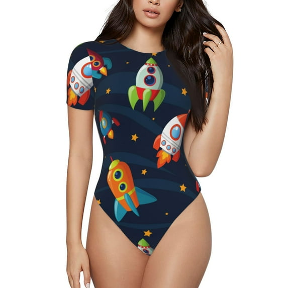 Balery Women'Sspaceships And Stars Crew Neck Round Neck Short Sleeves Slim Fit Casual Basic Extender Bodysuit Daily Jumpsuit T Shirts-Xx-Large