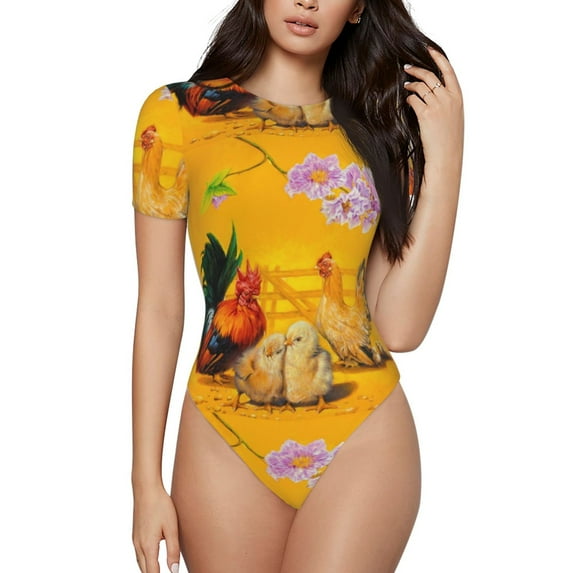 Balery Women'Sthe Chicken Family Crew Neck Round Neck Short Sleeves Slim Fit Casual Basic Extender Bodysuit Daily Jumpsuit T Shirts-Medium