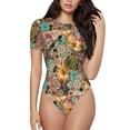 thumbnail image 1 of Balery Women'Swatercolor Flower Crew Neck Round Neck Short Sleeves Slim Fit Casual Basic Extender Bodysuit Daily Jumpsuit T Shirts-X-Large, 1 of 9