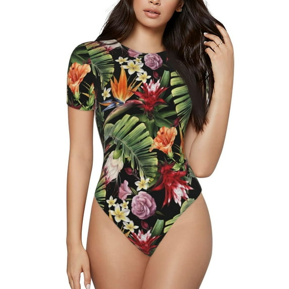 Balery Women'Swatercolor Tropical Flowers Crew Neck Round Neck Short Sleeves Slim Fit Casual Basic Extender Bodysuit Daily Jumpsuit T Shirts-Large