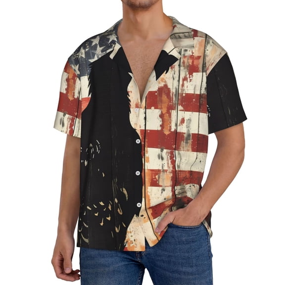 Balery Wood Grain Bald Eagle Men's Casual Button Down Shirt Short Sleeve Textured Summer Cuban Beach Shirts-3X-Large