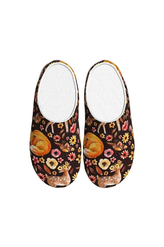 Woodland Creatures Floral Pattern Women's Fuzzy Memory Foam Slippers Fluffy Winter House Shoes Indoor and Outdoor-40/41