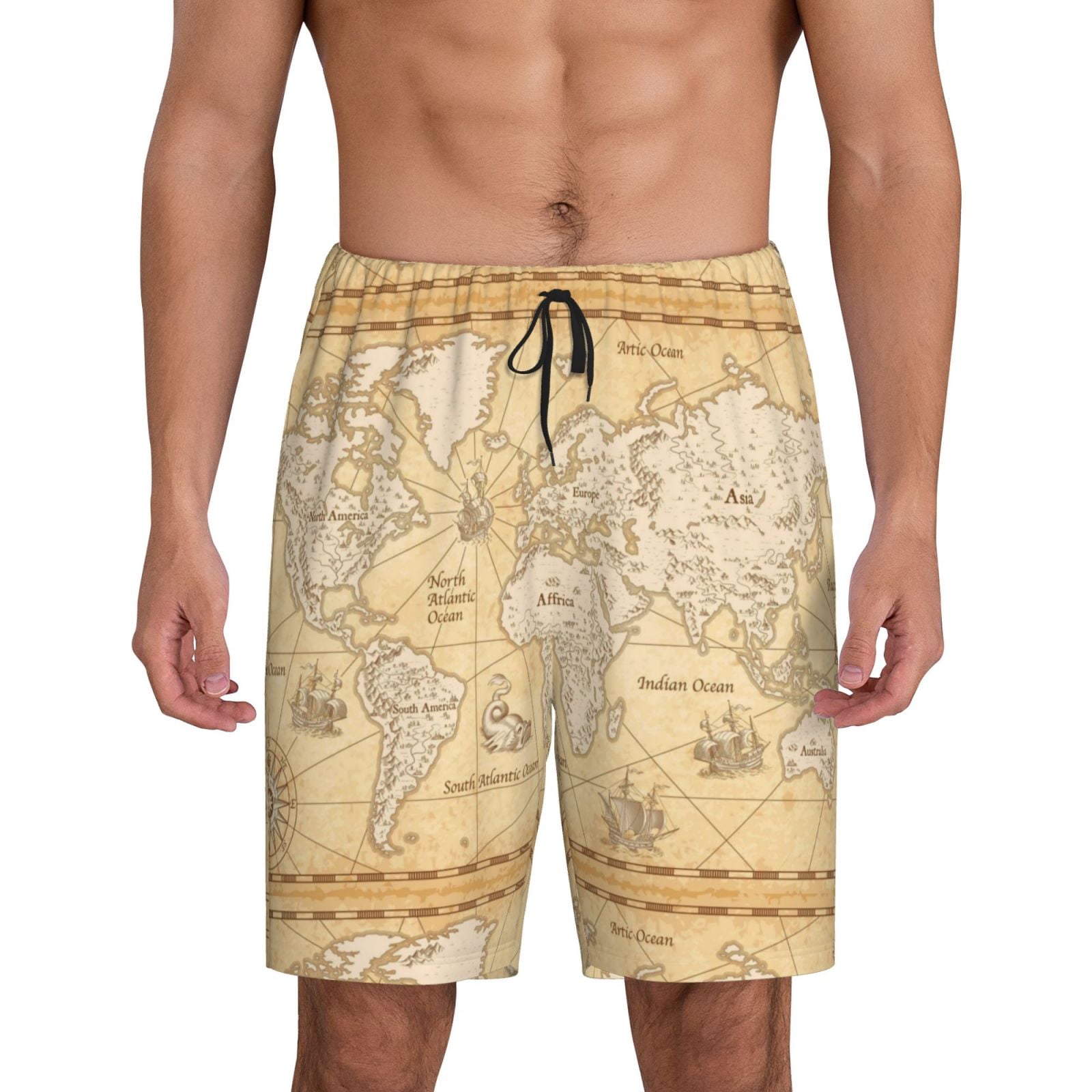 Balery World Map Men's Cotton Knit Pajama Shorts Waistband & Pockets ...
