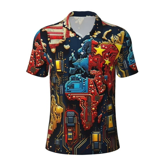 Balery World Map Of Digital Circuits Printed Men’s Short Sleeve Polo Shirt, Midweight Men's Shirt,Golf Polo shirts -Medium