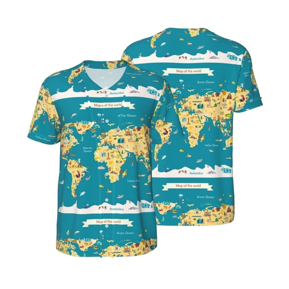 Balery World Map With Landmarks Baseball Jersey for Men Casual Button Down Shirts Short Sleeve Active Team Sports Uniform-Small