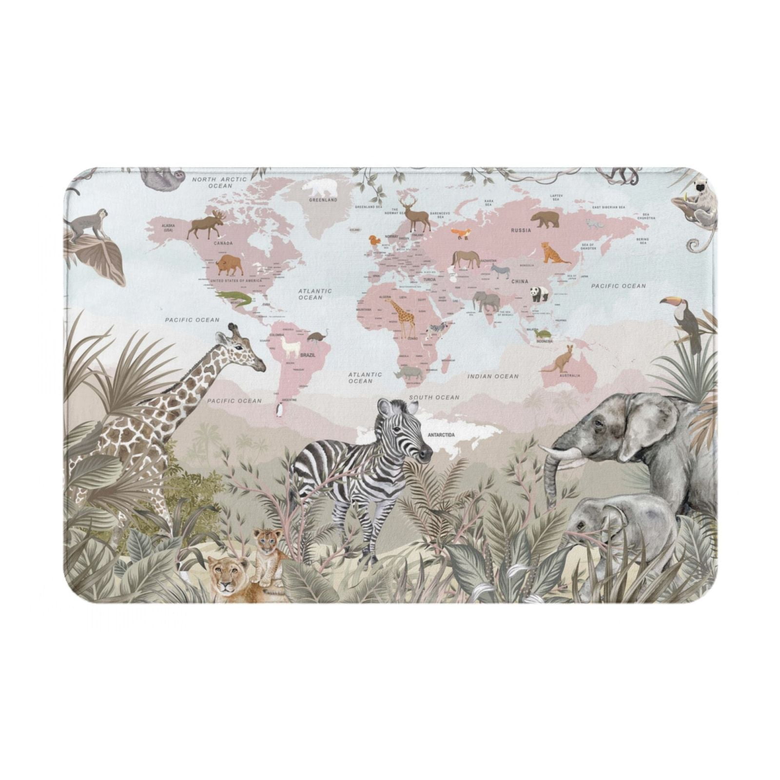 Balery World Map With Safari Animals Doormat, Durable Flannel Fabric