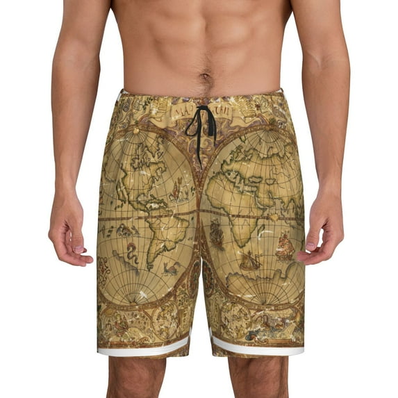 Balery World Map1 Men's Cotton Knit Pajama Shorts Waistband & Pockets,Short Pajama Pants-4X-Large