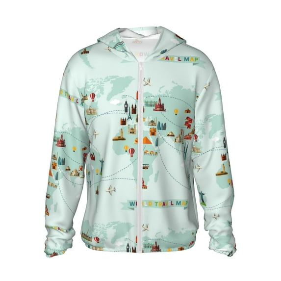 Balery World Travel Map Men's Women's UPF 50+ Sun Protection Lightweight Hoodie Performance Long Sleeve Shirt for Fishing Running-X-Large