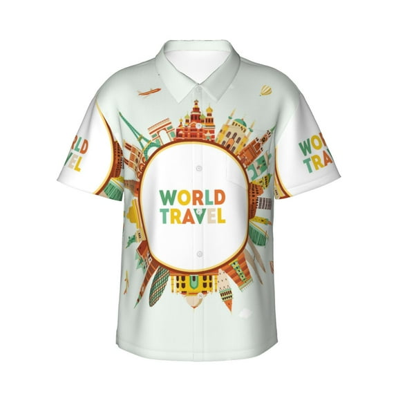 Balery World Travel3 Print Men's Hawaiian Shirts Short Sleeve Beach Shirt Relaxed Fit Vacation Button Down Shirts-X-Large