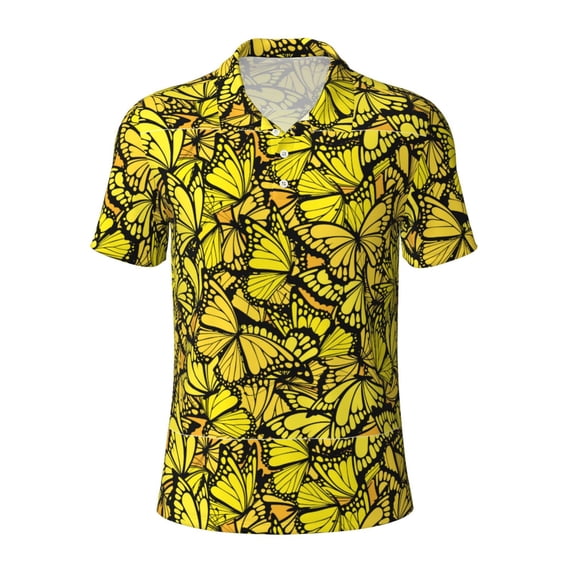 Balery Yellow Butterflies Printed Men’s Short Sleeve Polo Shirt, Midweight Men's Shirt,Golf Polo shirts -Medium