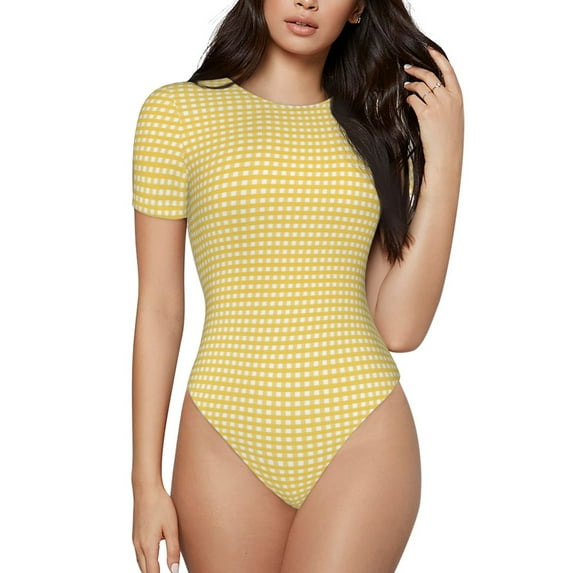 Balery Yellow Gingham Women's Short Sleevee Crew Neck Bodysuit Tops Short Sleeve Tops Basic-Small