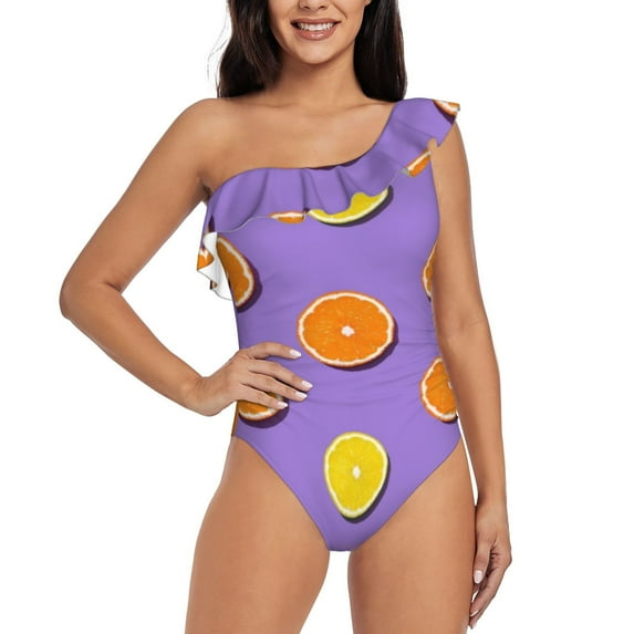 Balery Yellow Lemon And Orange One Shoulder Swimsuits for Women Ruffle Swimsuits Tummy Control One Shoulder Bathing Suits-Small