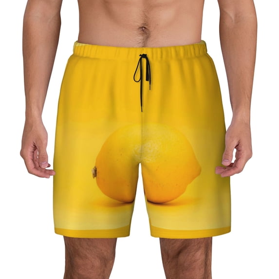 Balery Yellow Lemon Mens Swim Trunks Swim Shorts for Men Quick Dry Inseam Beach Shorts with Compression Liner Pocket-Large