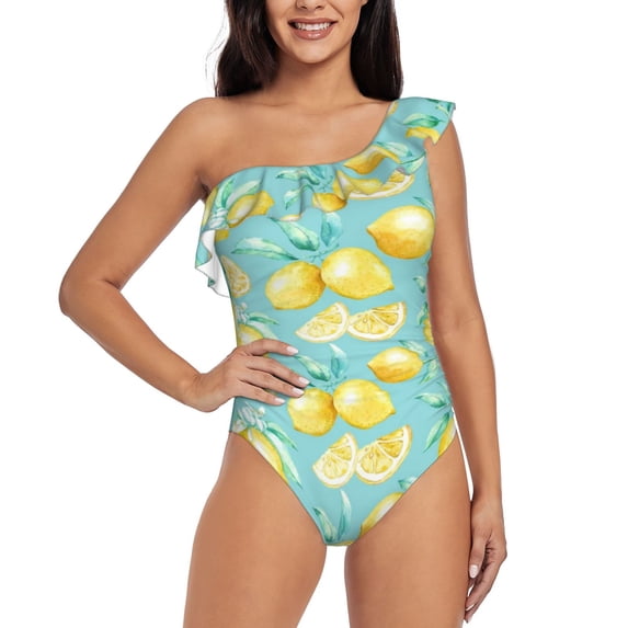Balery Yellow Lemon One Shoulder Swimsuits for Women Ruffle Swimsuits Tummy Control One Shoulder Bathing Suits-Large