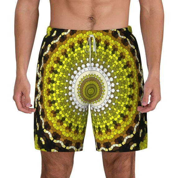 Balery Yellow Mandala Mens Swim Trunks Swim Shorts for Men Quick Dry Inseam Beach Shorts with Compression Liner Pocket-Small