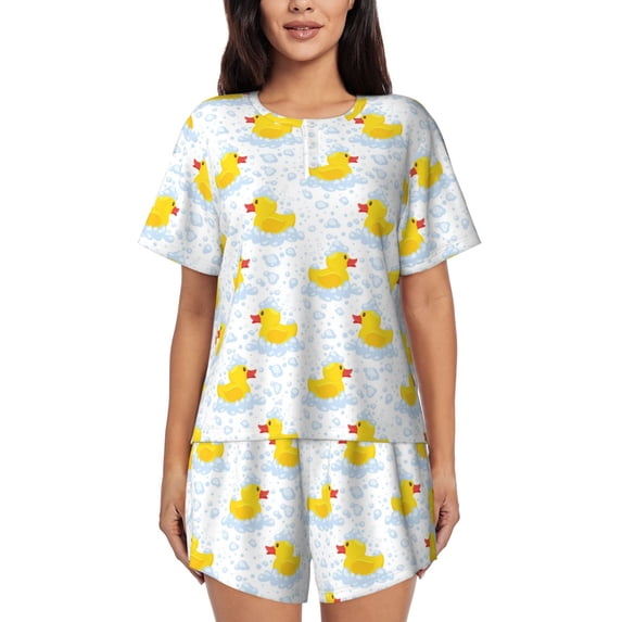 Balery Yellow Rubber Duck Pattern Womens Pajama Sets 2 Piece Soft Short Sleeve Top and Shorts Sleepwear Round Neck Pjs Lounge Set with Pockets-Small
