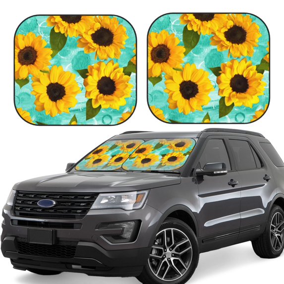 Balery 2 Piece Yellow Sunflowers With Green Leaves Car Windshield Sun Shade|Foldable Front Windshield Shade for Car Front Window for Most Sedans SUV Truck-Small