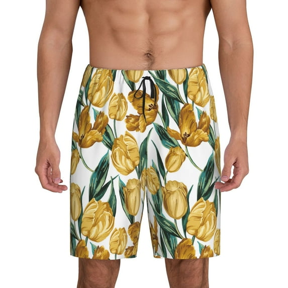 Balery Yellow Tulips Men's Cotton Knit Pajama Shorts Waistband & Pockets,Short Pajama Pants-XX-Large