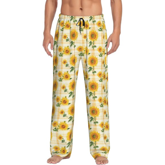 Balery Yellow White Plaid Sunflower print Men's Pajama Pants,Ultra Lightweight Pjs,Lounge Pant-Medium